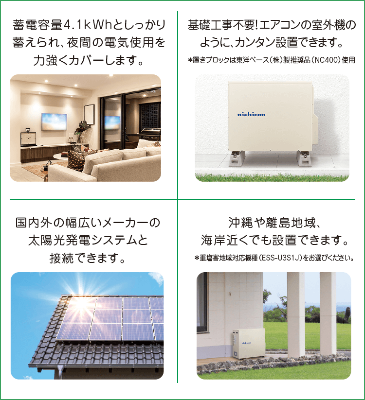 蓄電容量4.1kWhとしっかり蓄えられ、夜間の電気使用を力強くカバーします。　基礎工事不要！エアコンの室外機のように、カンタン設置できます。＊置きブロックは東洋ベース（株）製推奨品（NC400）使用　国内外の幅広いメーカーの太陽光発電システムと接続できます。　沖縄や離島地域、海岸近くでも設置できます。＊重塩害地域対応機種（ESS-U3S1J）をお選びください。